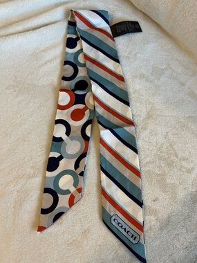 Coach Skinny Silk Twilly Scarf in Navy, Light Blue, Coral & Cream